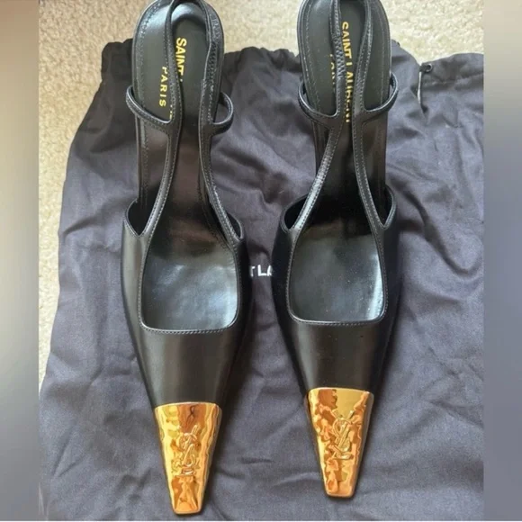 Saint Laurent Black Leather Jeanne Slingback Pumps 110 Black Gold - Picture 6 of 7